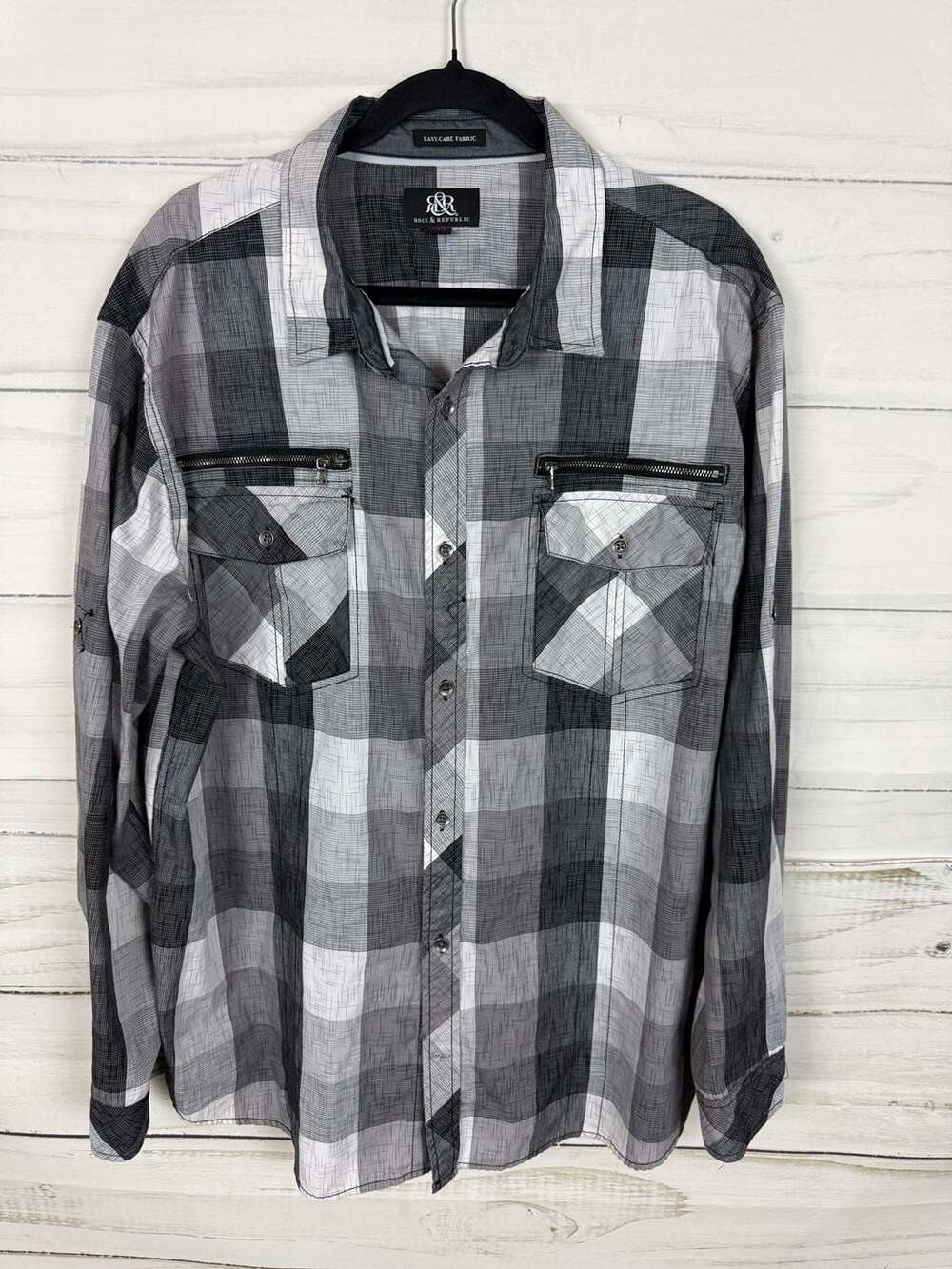 Rock & Republic Men's XXL Plaid Long Sleeve Button Up Shirt Zipper Pockets
